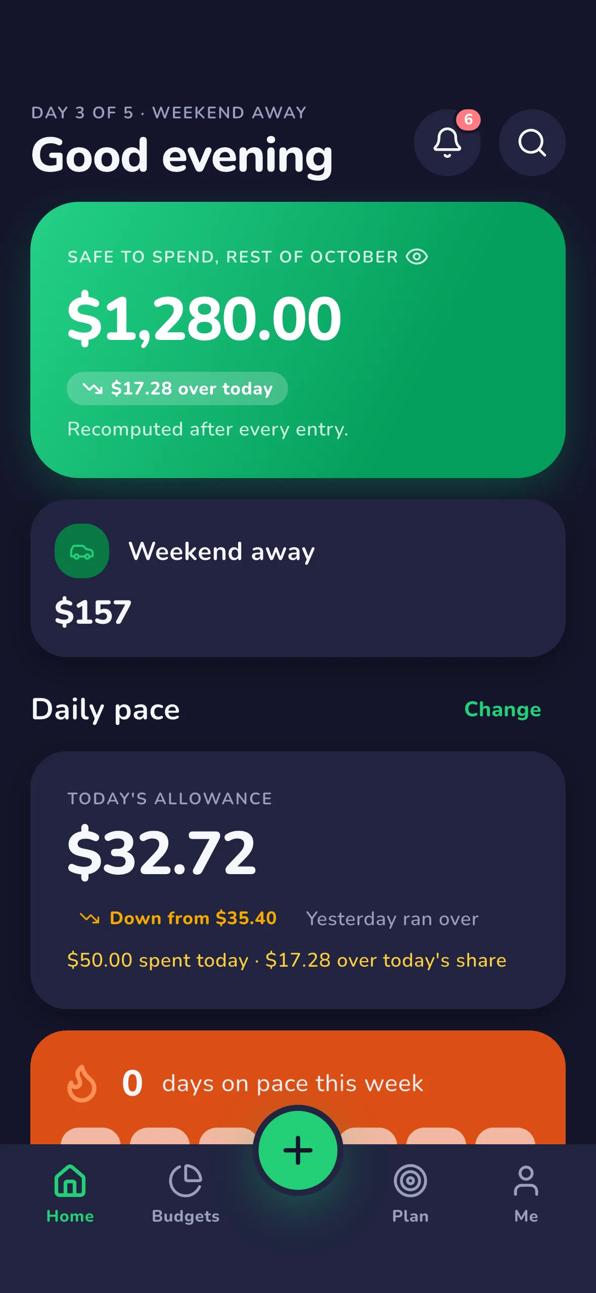 MiSpend's Home screen (Phone, upright): safe to spend, the trip in progress and daily pace, laid out for the space.