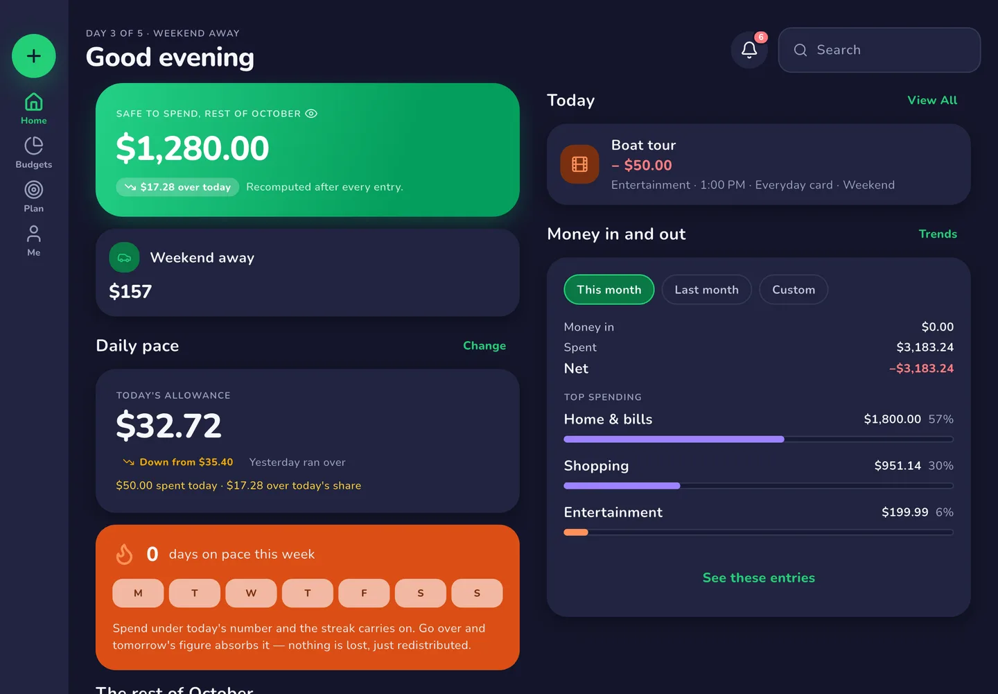 MiSpend's Home screen (Tablet, on its side): safe to spend, the trip in progress and daily pace, laid out for the space.