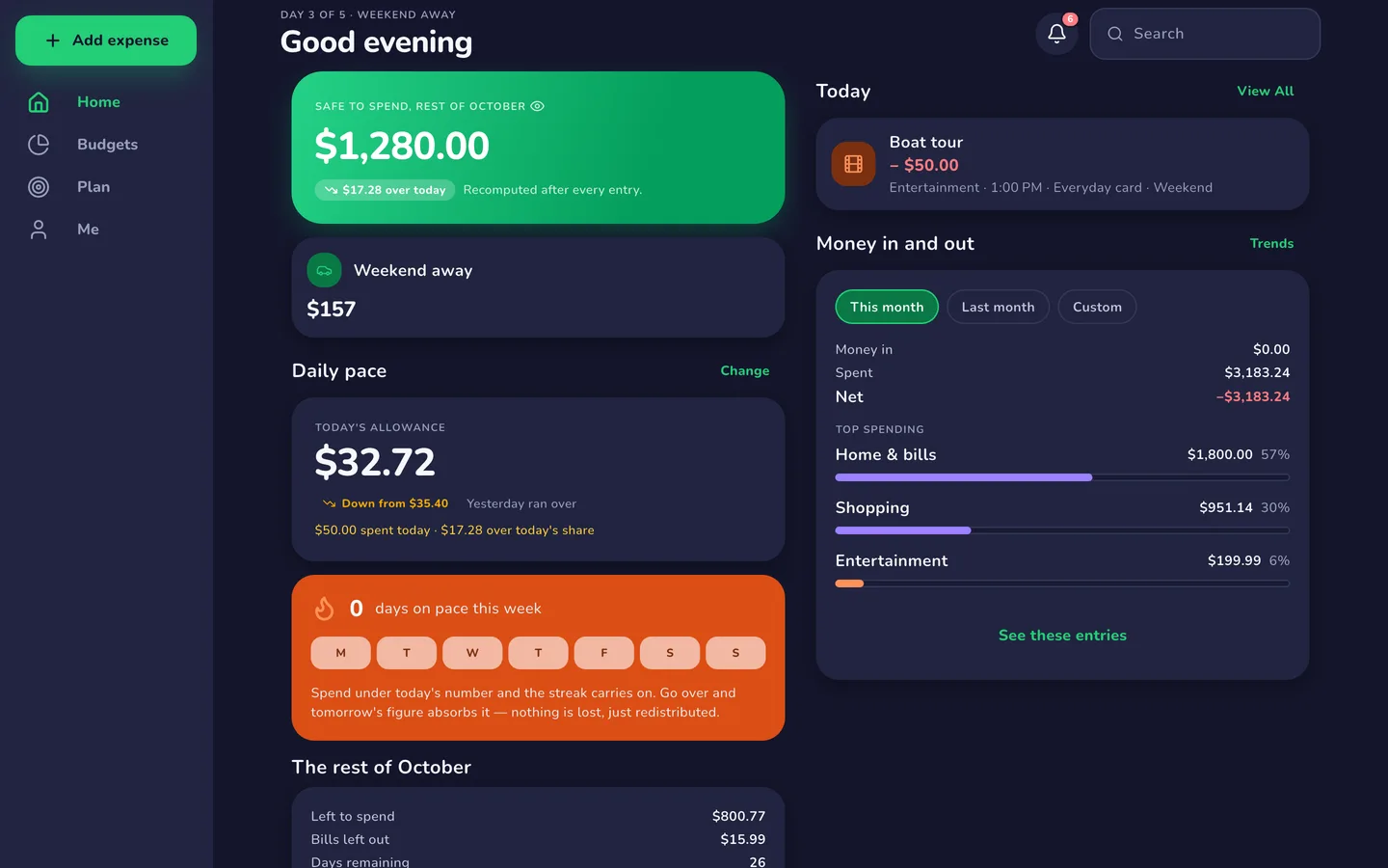 MiSpend's Home screen (Wide windows): safe to spend, the trip in progress and daily pace, laid out for the space.