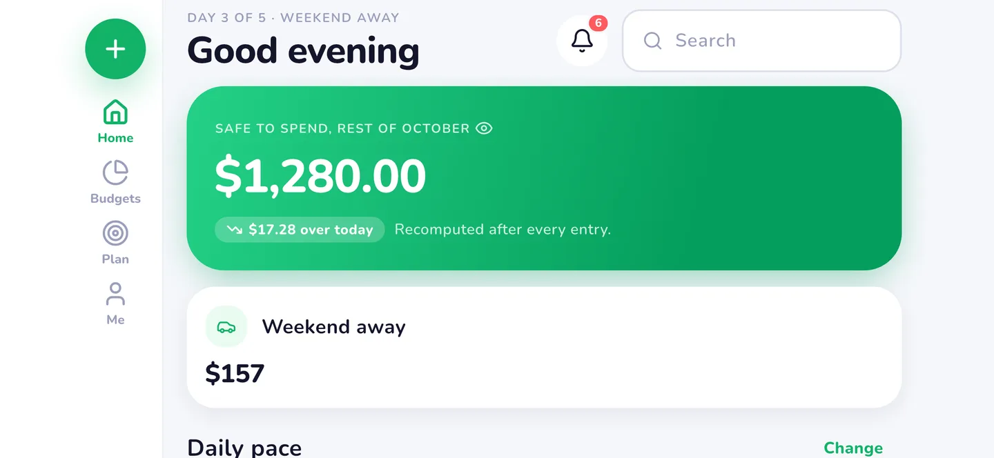 MiSpend's Home screen (Phone, on its side): safe to spend, the trip in progress and daily pace, laid out for the space.