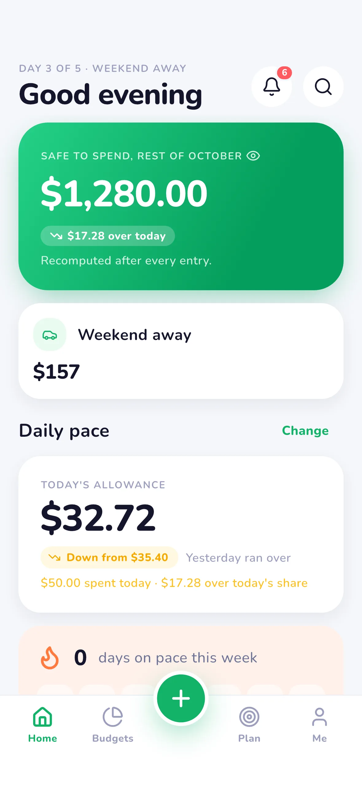 MiSpend's Home screen (Phone, upright): safe to spend, the trip in progress and daily pace, laid out for the space.