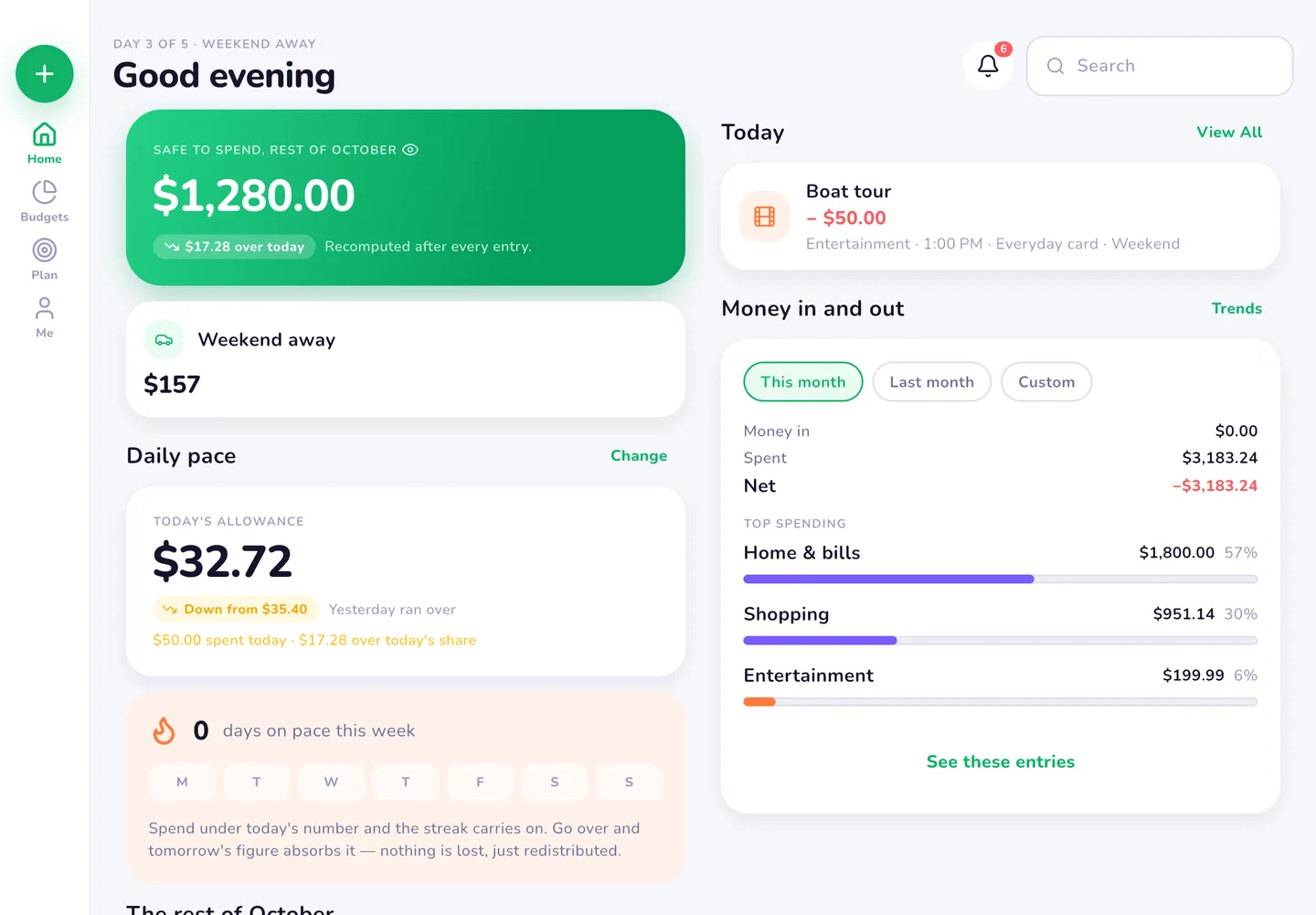 MiSpend's Home screen (Tablet, on its side): safe to spend, the trip in progress and daily pace, laid out for the space.