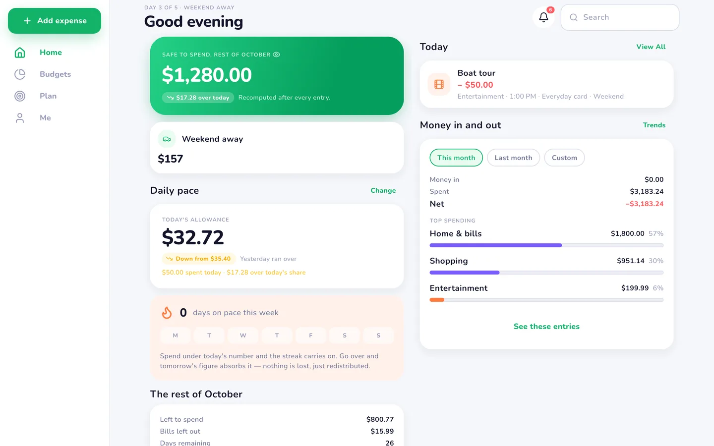 MiSpend's Home screen (Wide windows): safe to spend, the trip in progress and daily pace, laid out for the space.