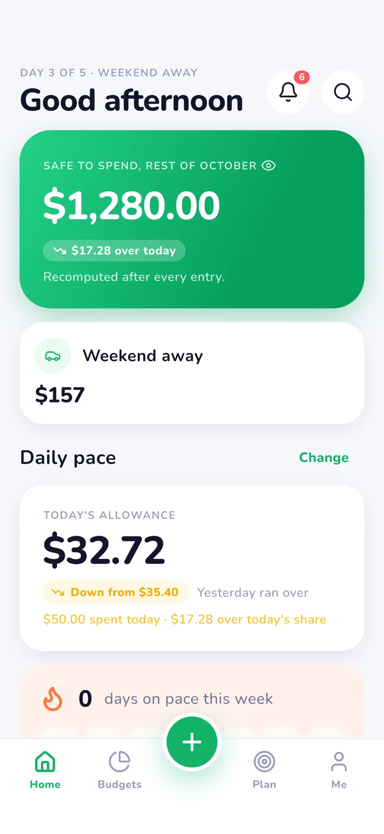 MiSpend's Home screen showing $1,280.00 safe to spend for the rest of October, today's allowance under Daily pace, and the trip in progress.